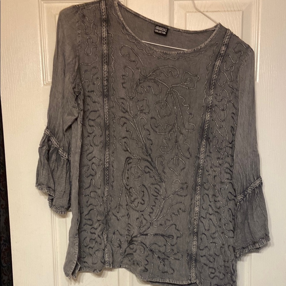 Ananda Design Gray Bell Sleeve Blouse with Ruffled Details